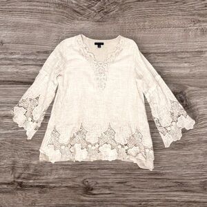 Saks Fifth Avenue Linen Lace V-Neck A-Line Tunic Top Dress Natural Italy Size L